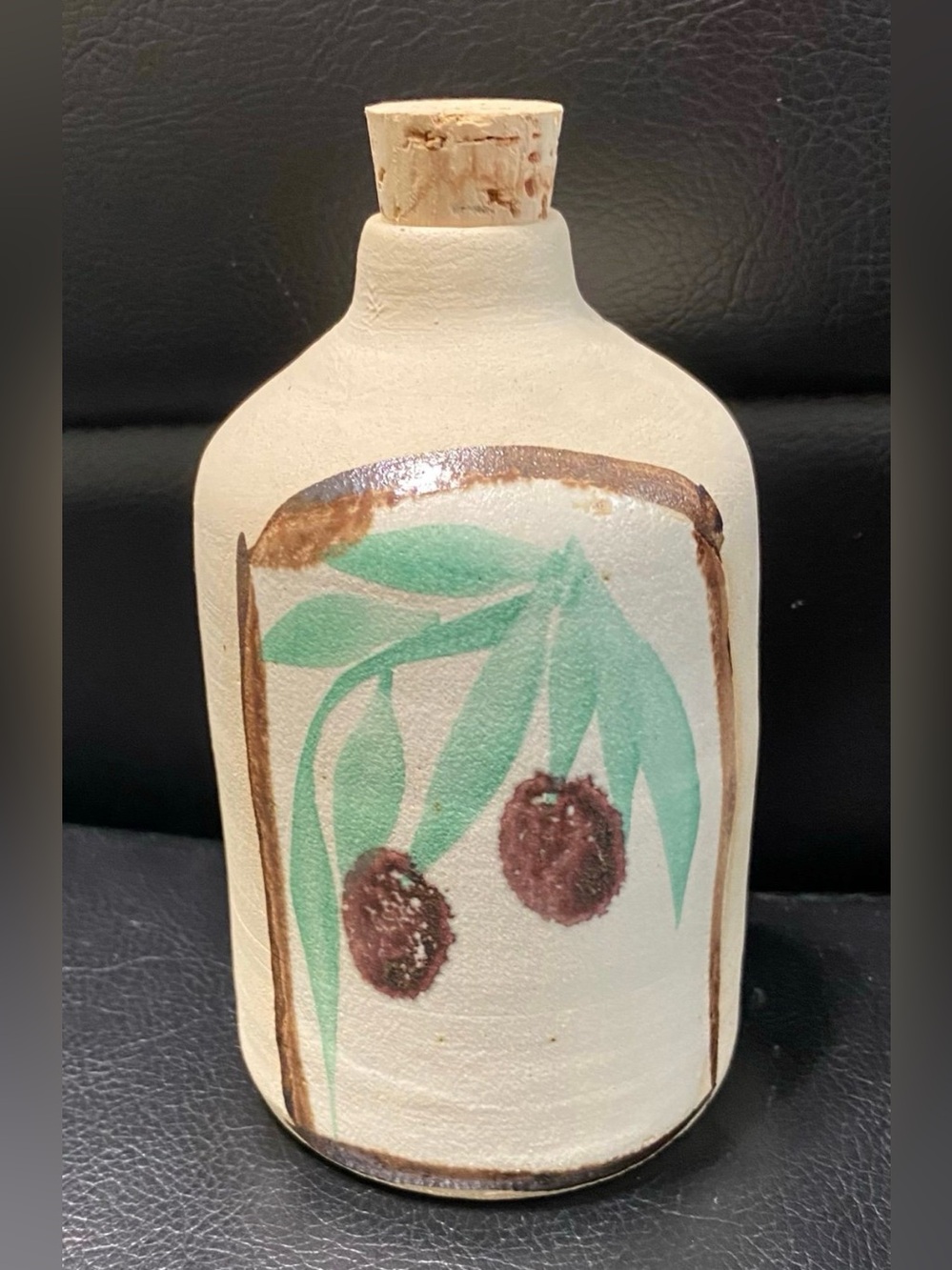 Turned Stoneware Studio Art Pottery Hand Painted  Oil Bottle Signed See Photos